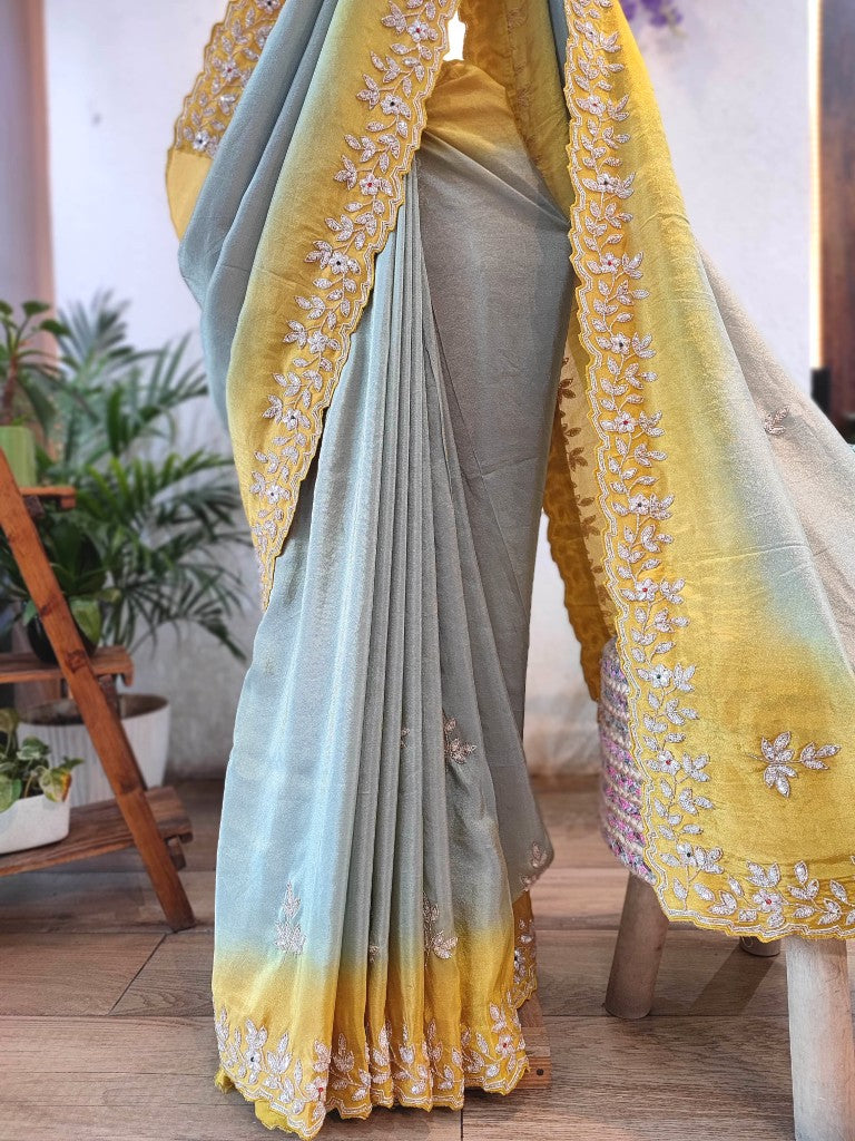 Yellow & Grey Georgette Shimmer Partywear Saree with Embroidery