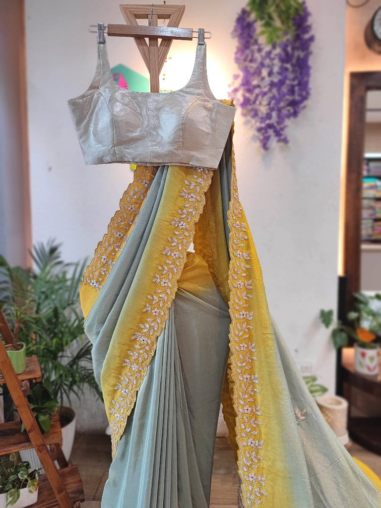 Yellow & Grey Georgette Shimmer Partywear Saree with Embroidery