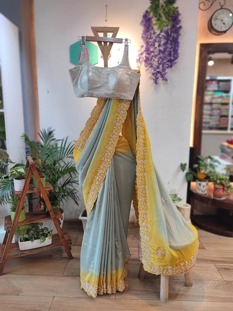 Yellow & Grey Georgette Shimmer Partywear Saree with Embroidery