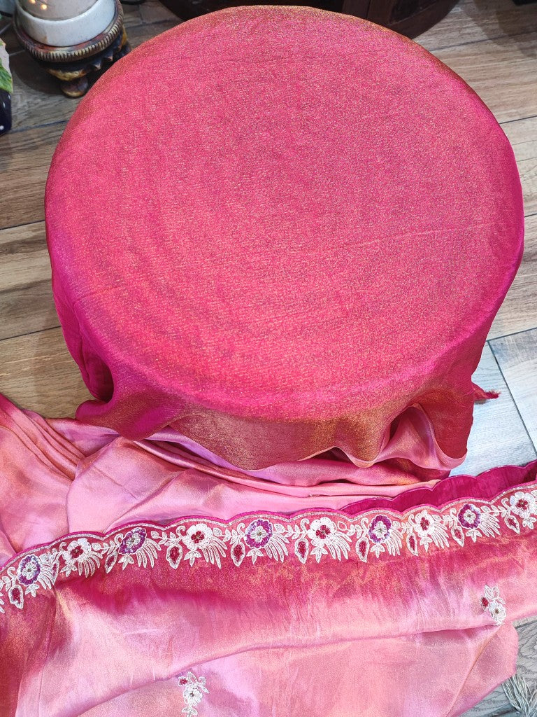Buy Pink Georgette Shimmer Partywear Saree with Embroidery & Blouse