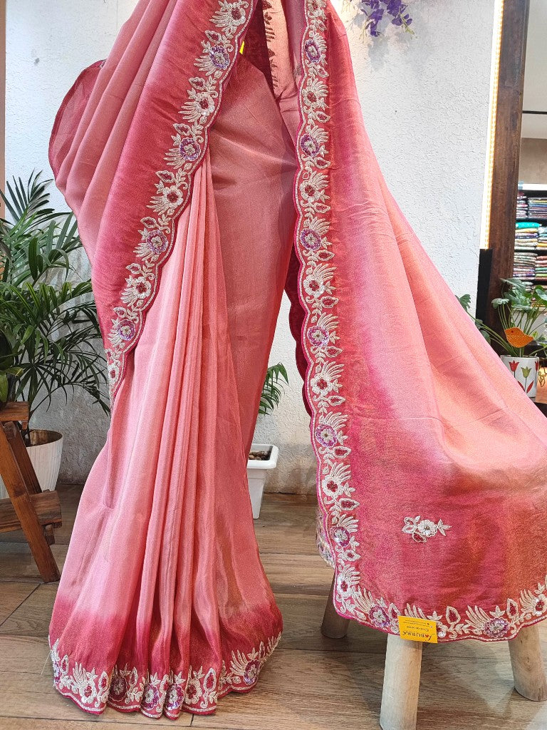 Buy Pink Georgette Shimmer Partywear Saree with Embroidery & Blouse