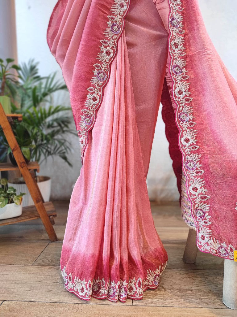 Buy Pink Georgette Shimmer Partywear Saree with Embroidery & Blouse