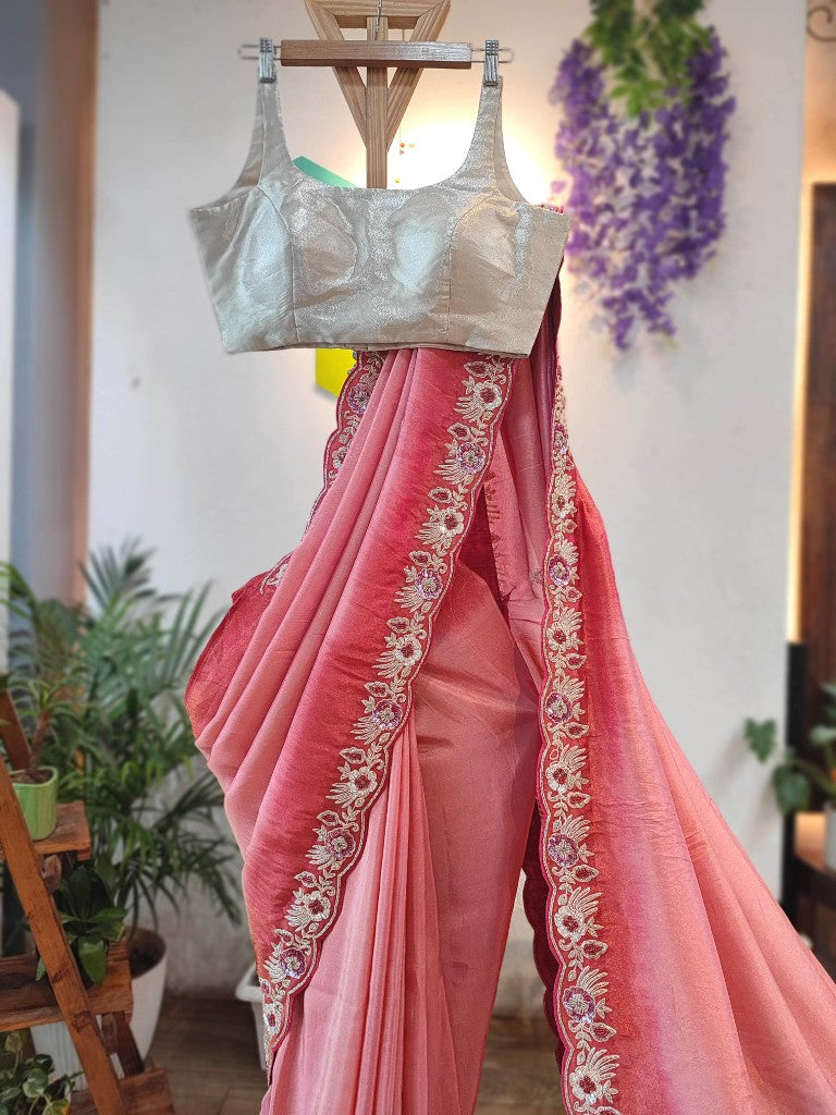 Buy Pink Georgette Shimmer Partywear Saree with Embroidery & Blouse