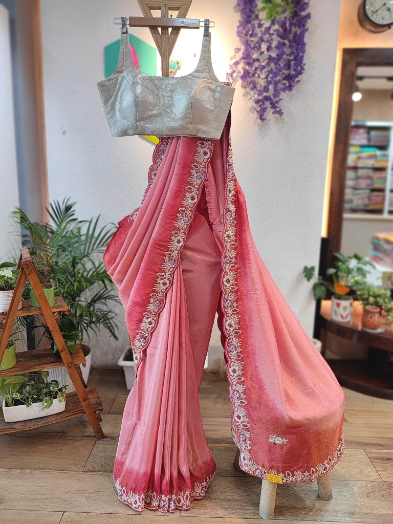 Buy Pink Georgette Shimmer Partywear Saree with Embroidery & Blouse