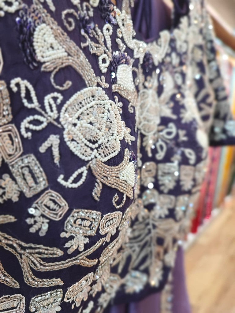 Lavender Shimmer Georgette Partywear Saree with Handwork Border