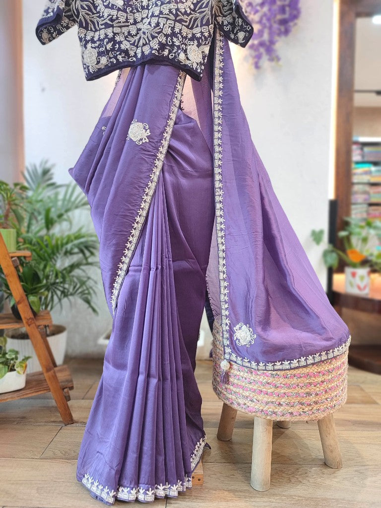 Lavender Shimmer Georgette Partywear Saree with Handwork Border