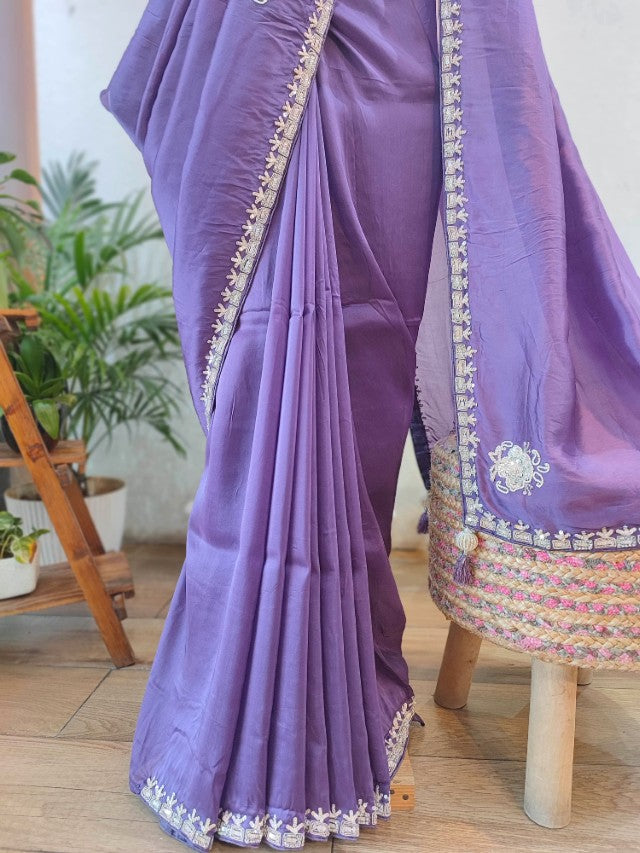 Lavender Shimmer Georgette Partywear Saree with Handwork Border