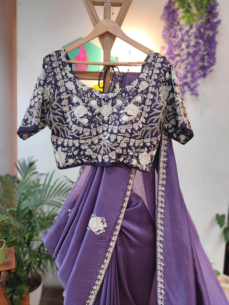 Lavender Shimmer Georgette Partywear Saree with Handwork Border