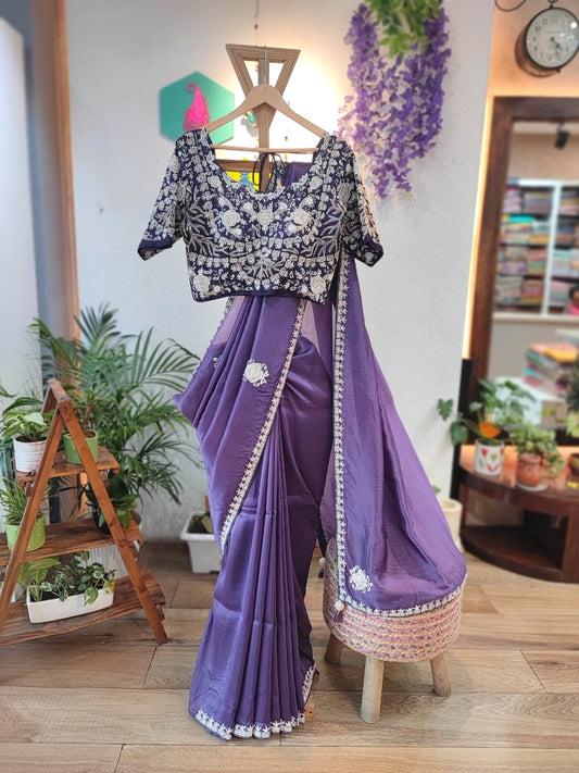Lavender Shimmer Georgette Partywear Saree with Handwork Border