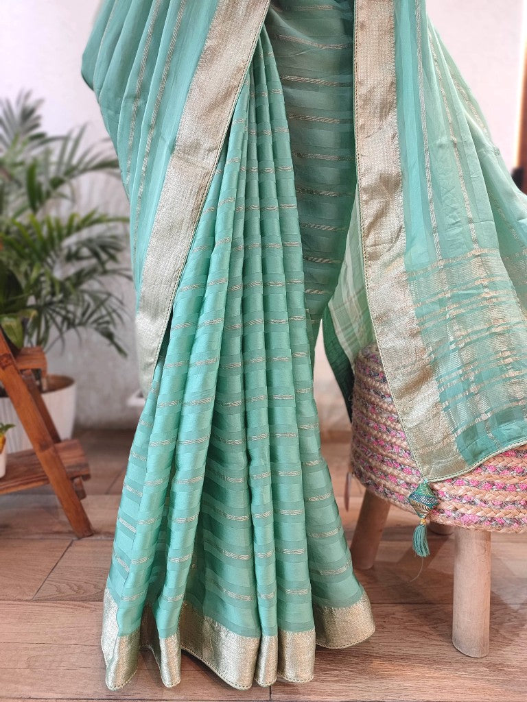 Mint Green Partywear Saree in Shimmer Georgette with Handwork | Shop Now