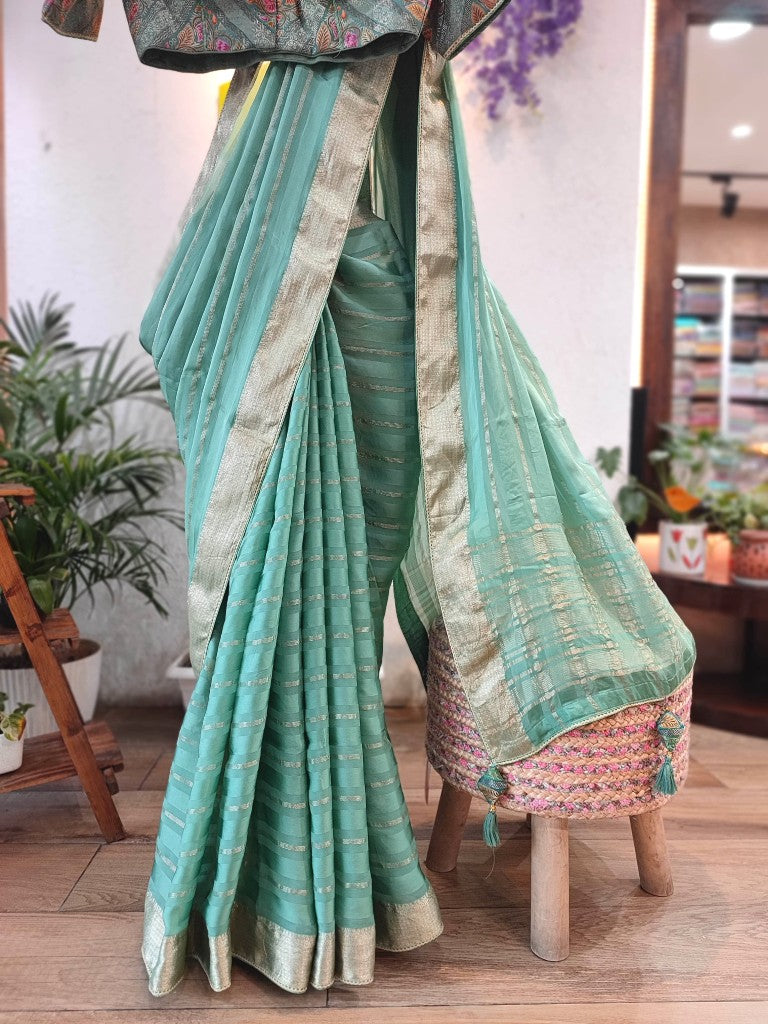 Mint Green Partywear Saree in Shimmer Georgette with Handwork | Shop Now