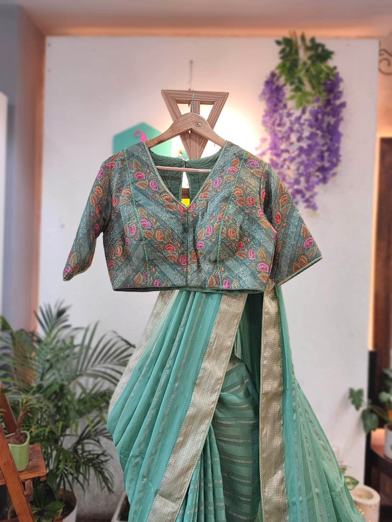 Mint Green Partywear Saree in Shimmer Georgette with Handwork | Shop Now
