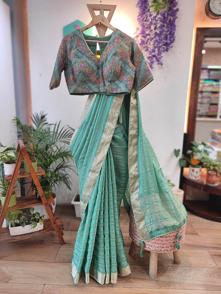 Mint Green Partywear Saree in Shimmer Georgette with Handwork | Shop Now