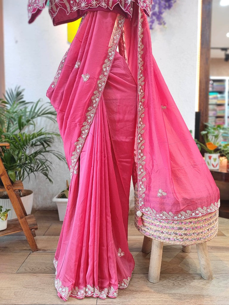 Pink Shimmer Georgette Partywear Saree | Shop Handwork Sarees Online