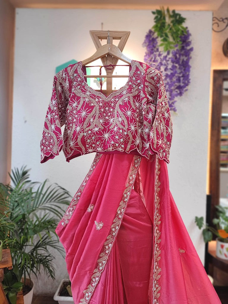 Designer Pink Satin Georgette Partywear Saree with Handwork Border & Cutdana Blouse