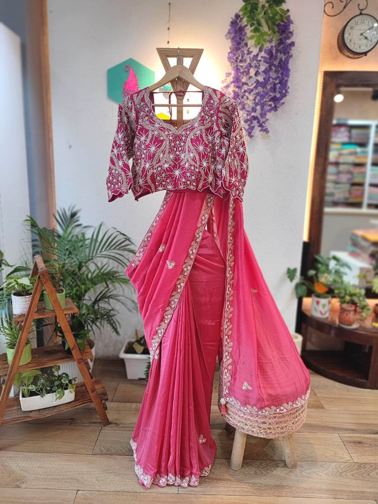 Pink Shimmer Georgette Partywear Saree | Shop Handwork Sarees Online