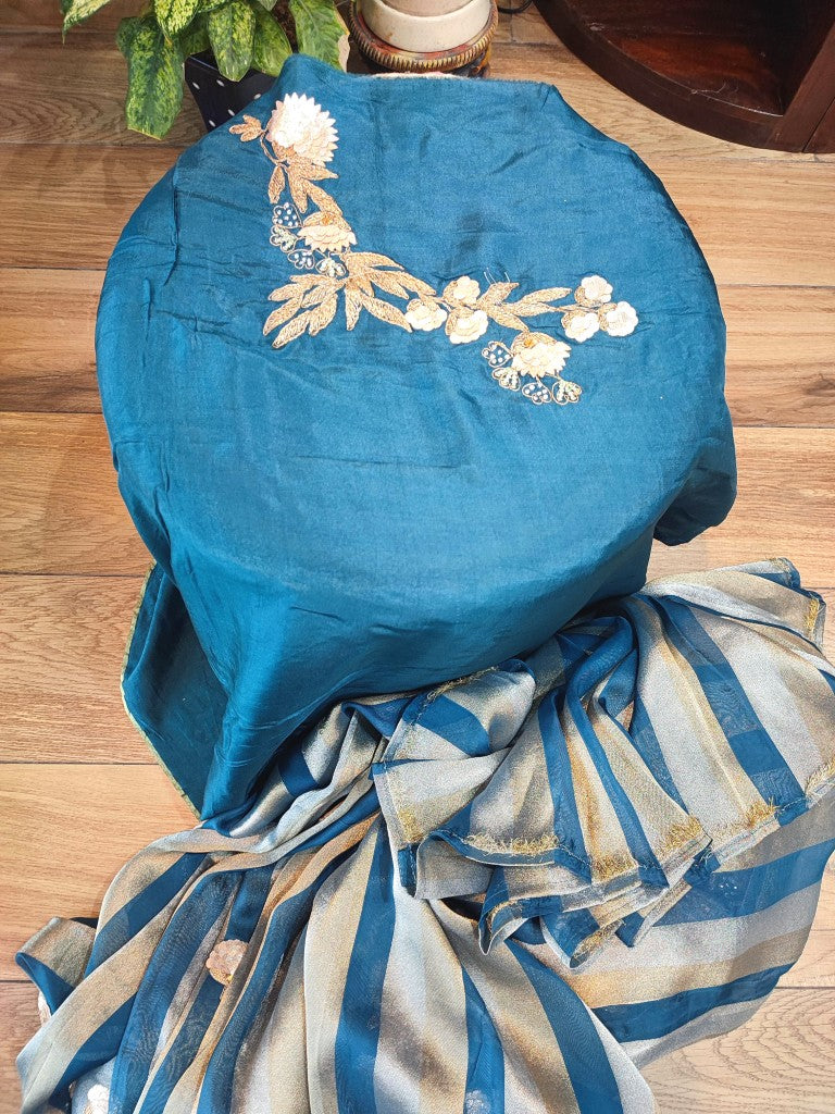 Buy Blue & Grey Striped Shimmer Georgette Partywear Saree 