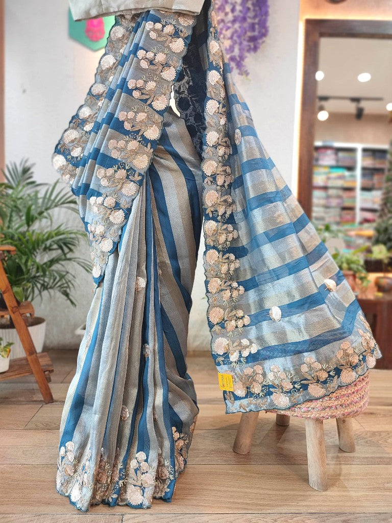 Buy Blue & Grey Striped Shimmer Georgette Partywear Saree 