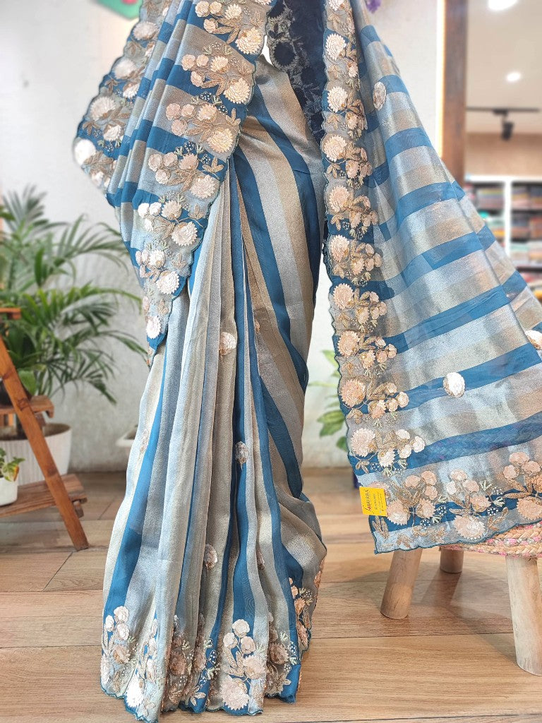 Buy Blue & Grey Striped Shimmer Georgette Partywear Saree 