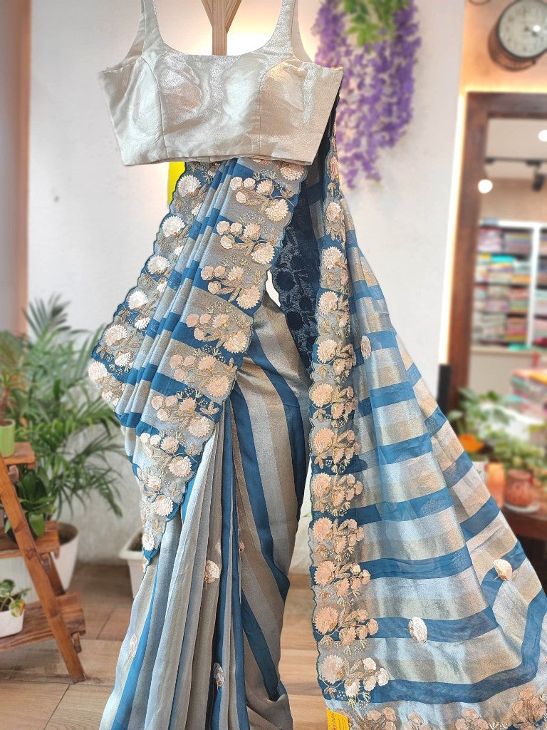 Buy Blue & Grey Striped Shimmer Georgette Partywear Saree 