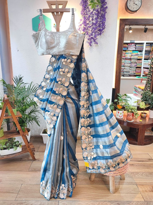 Buy Blue & Grey Striped Shimmer Georgette Partywear Saree 