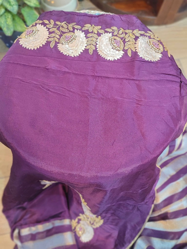 Buy Purple & Blue Striped Shimmer Georgette Partywear Saree 