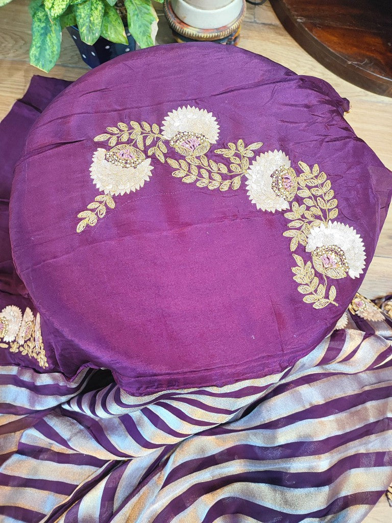 Buy Purple & Blue Striped Shimmer Georgette Partywear Saree 