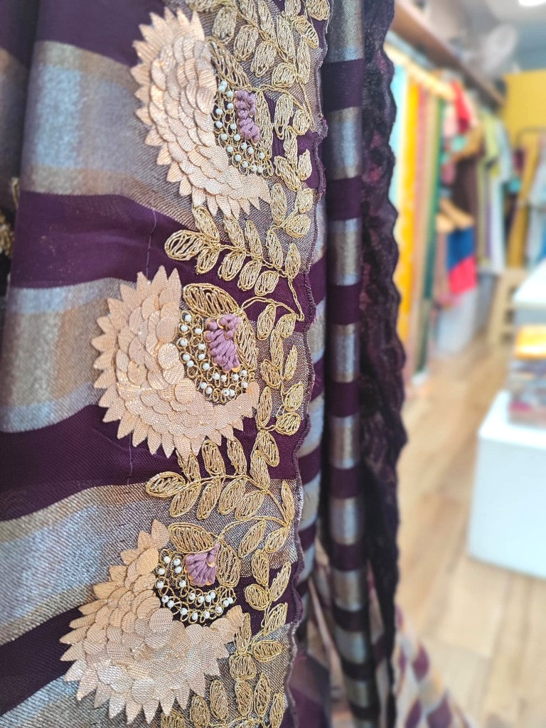 Buy Purple & Blue Striped Shimmer Georgette Partywear Saree 