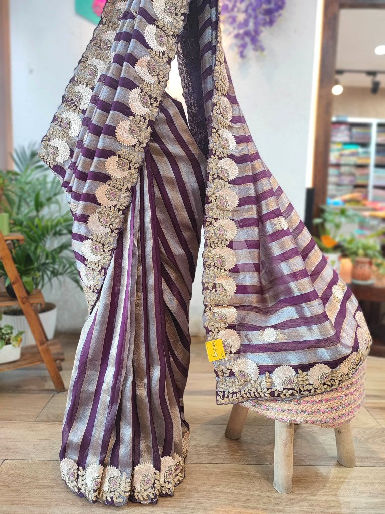 Buy Purple & Blue Striped Shimmer Georgette Partywear Saree 
