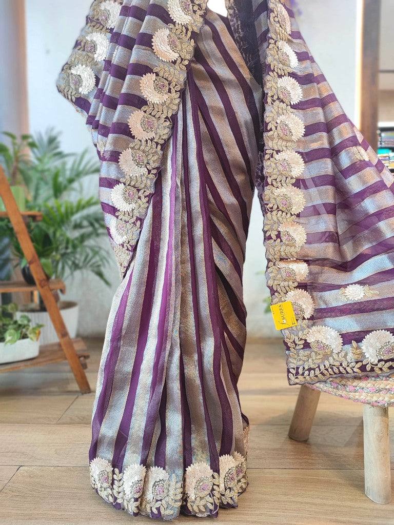 Buy Purple & Blue Striped Shimmer Georgette Partywear Saree 