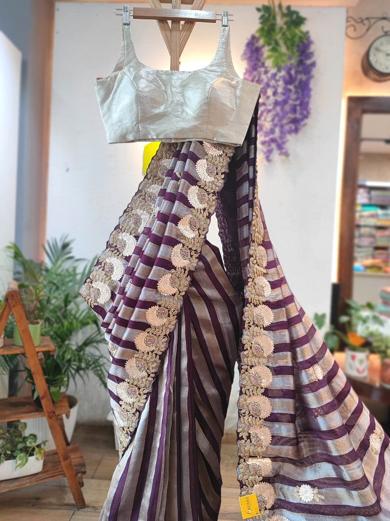 Buy Purple & Blue Striped Shimmer Georgette Partywear Saree 