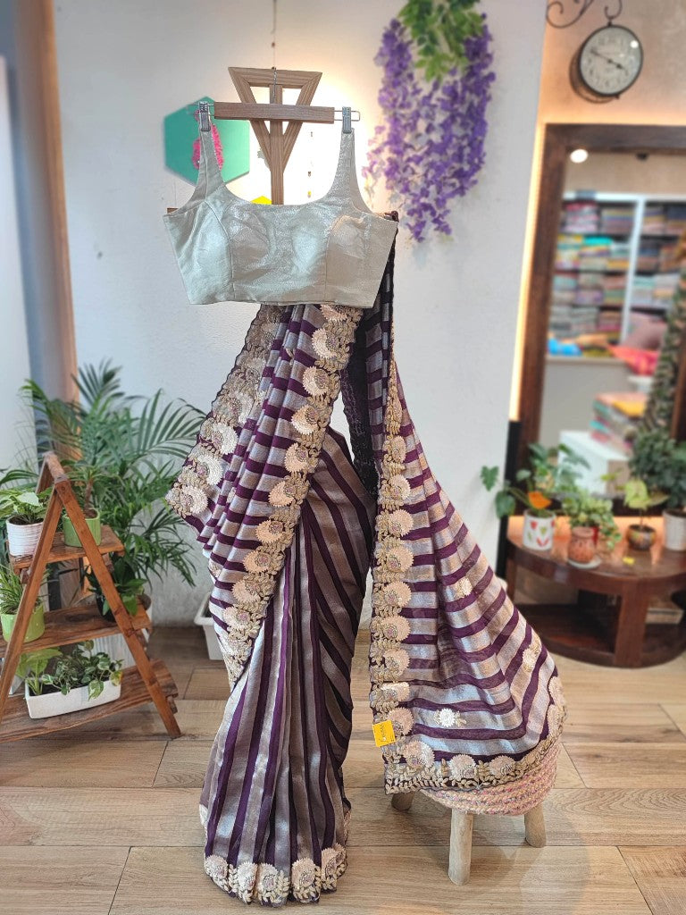 Buy Purple & Blue Striped Shimmer Georgette Partywear Saree 