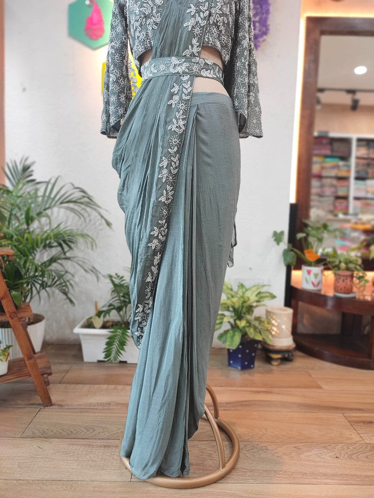 Grey Chiffon Dhoti Partywear Saree with Pearl Work Blouse – Buy Now