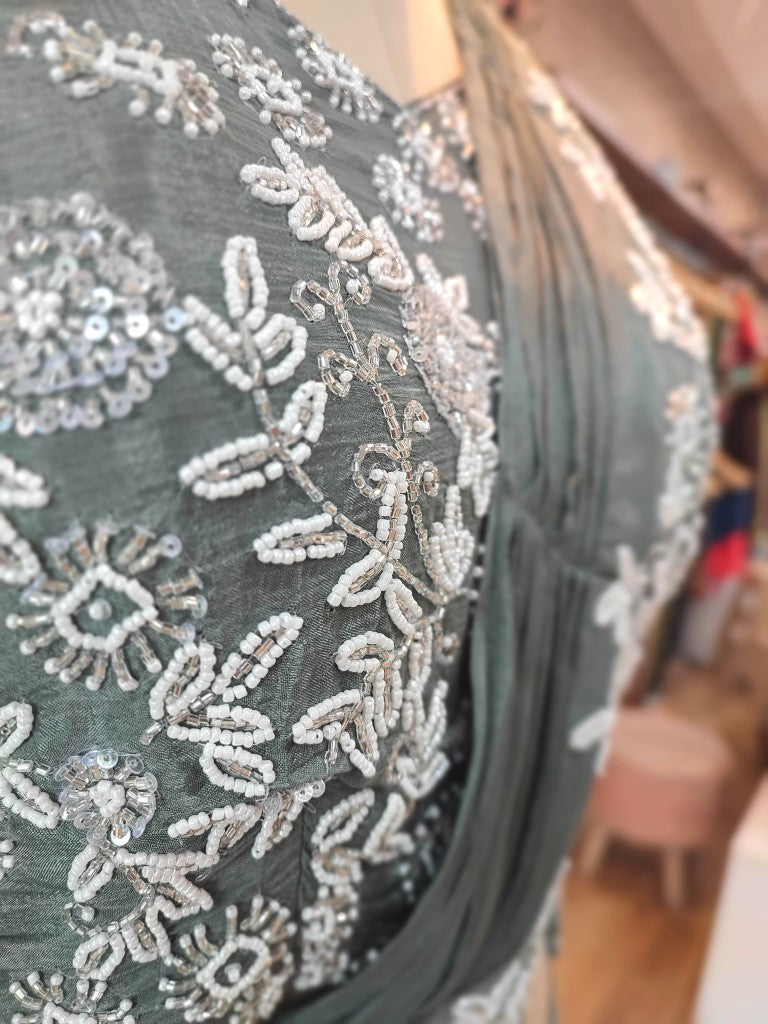 Grey Chiffon Dhoti Partywear Saree with Pearl Work Blouse – Buy Now