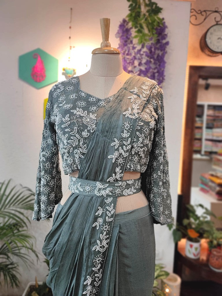 Grey Chiffon Dhoti Partywear Saree with Pearl Work Blouse – Buy Now
