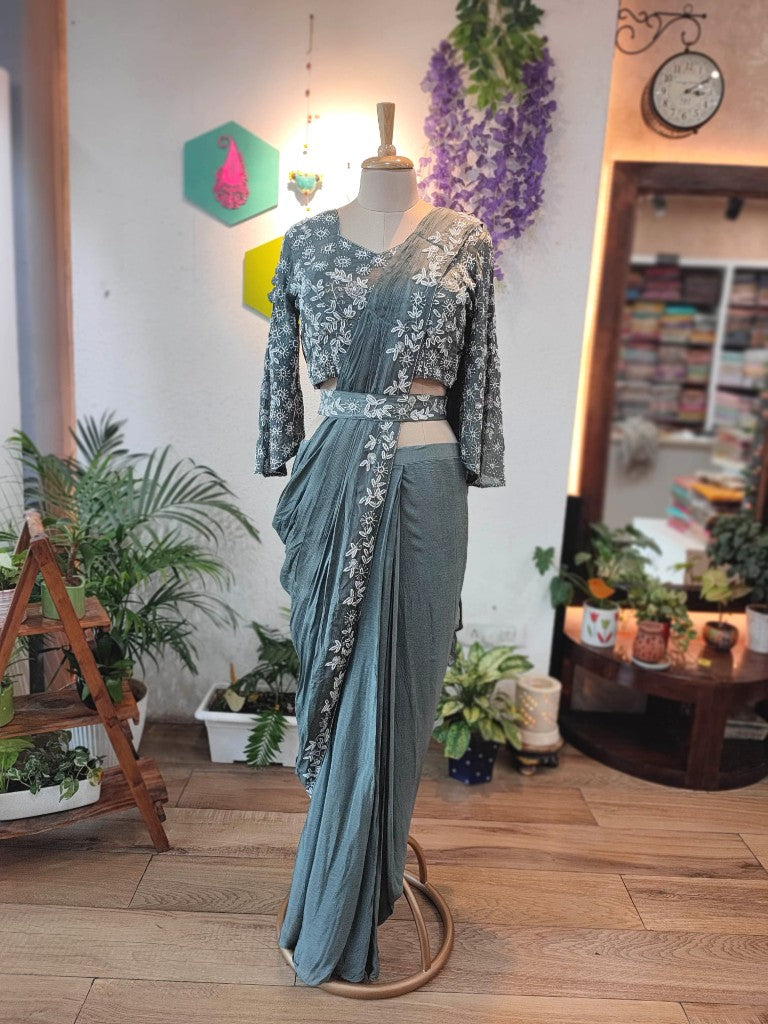 Grey Chiffon Dhoti Partywear Saree with Pearl Work Blouse – Buy Now