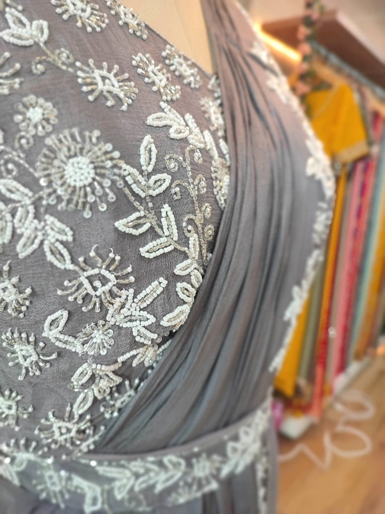 Elegant Grey Chiffon Dhoti Partywear Saree with Pearl Work

