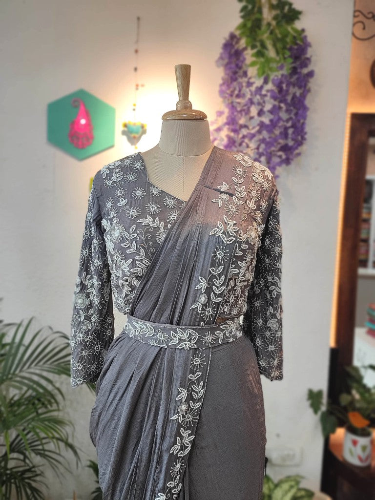 Elegant Grey Chiffon Dhoti Partywear Saree with Pearl Work


