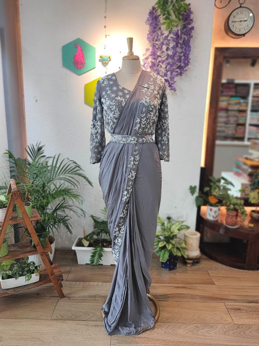 Elegant Grey Chiffon Dhoti Partywear Saree with Pearl Work


