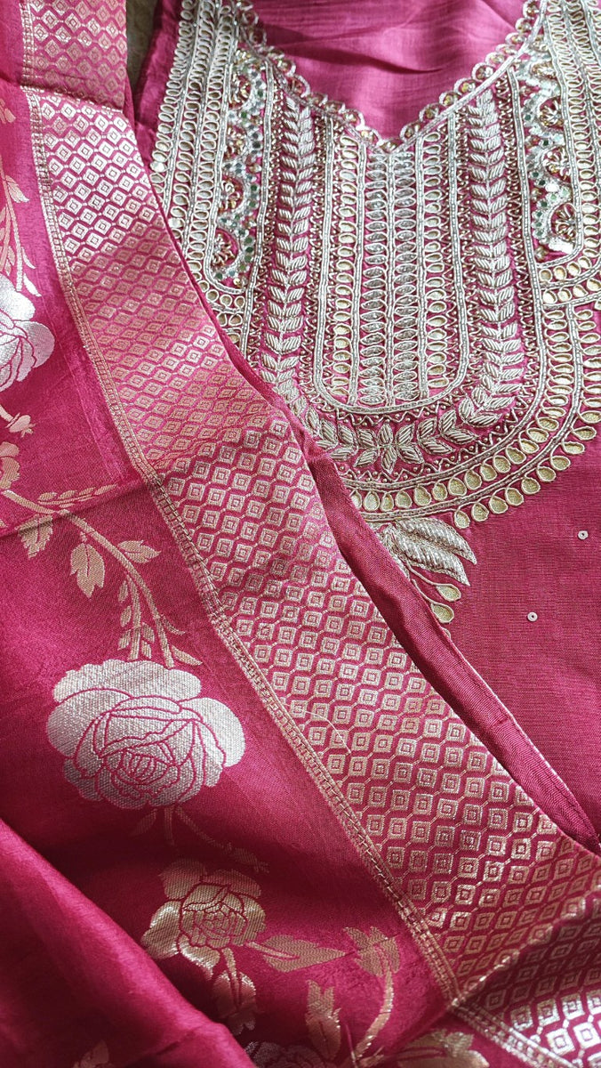 Magenta Crepe Unstitched Suit with Handwork & Dupatta | Shop Now
