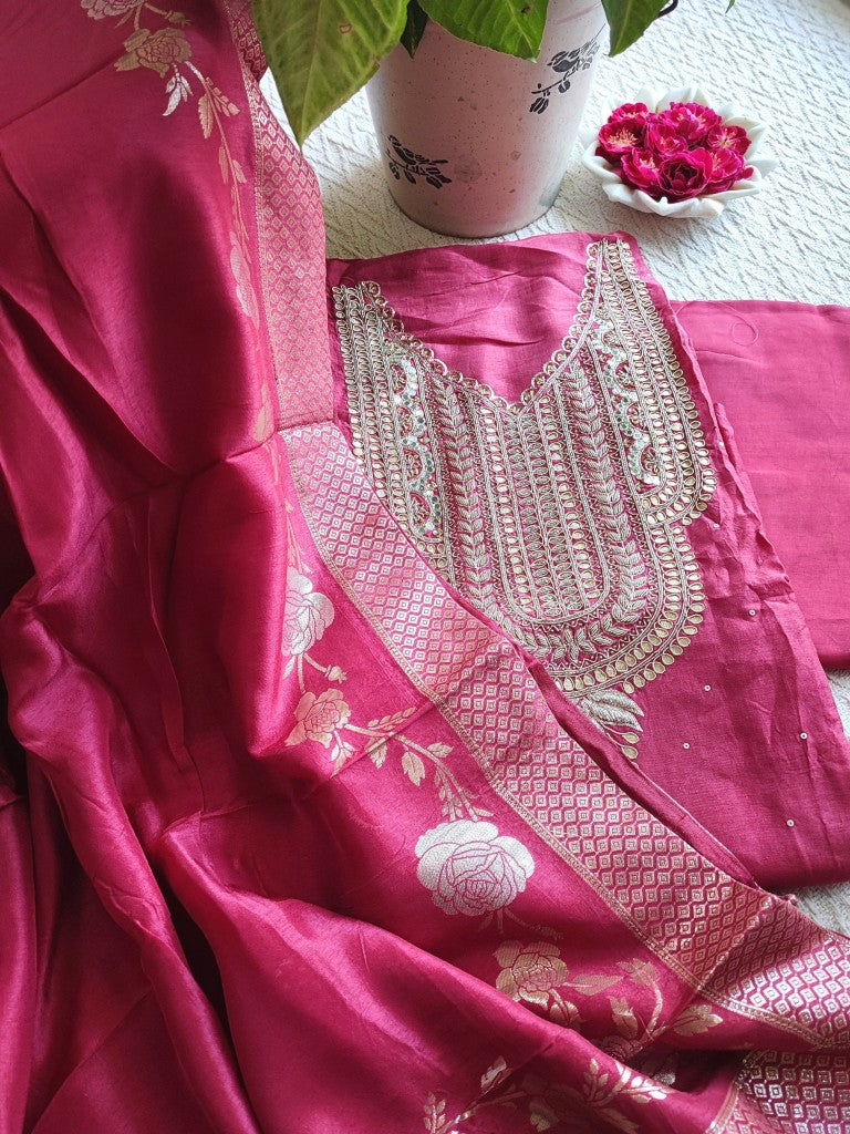 Magenta Crepe Unstitched Suit with Handwork & Dupatta | Shop Now