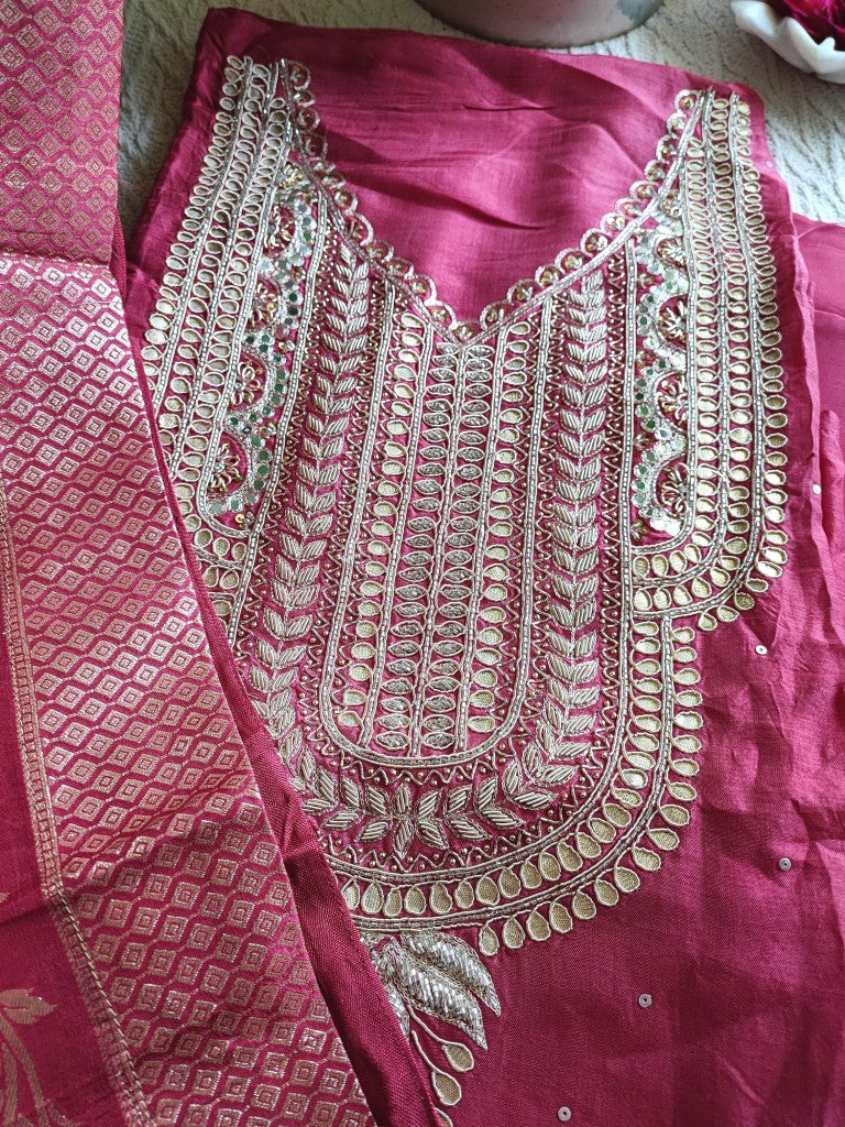 Magenta Crepe Unstitched Suit with Handwork & Dupatta | Shop Now