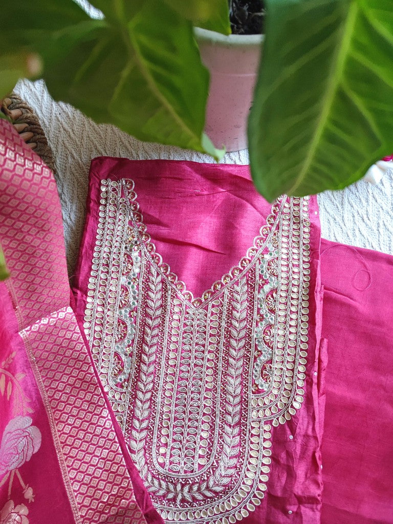 Magenta Crepe Unstitched Suit with Handwork & Dupatta | Shop Now