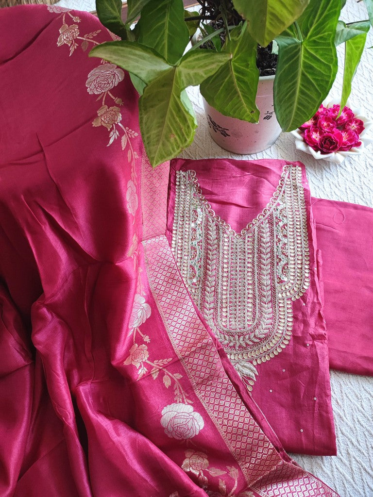 Magenta Crepe Unstitched Suit with Handwork & Dupatta | Shop Now