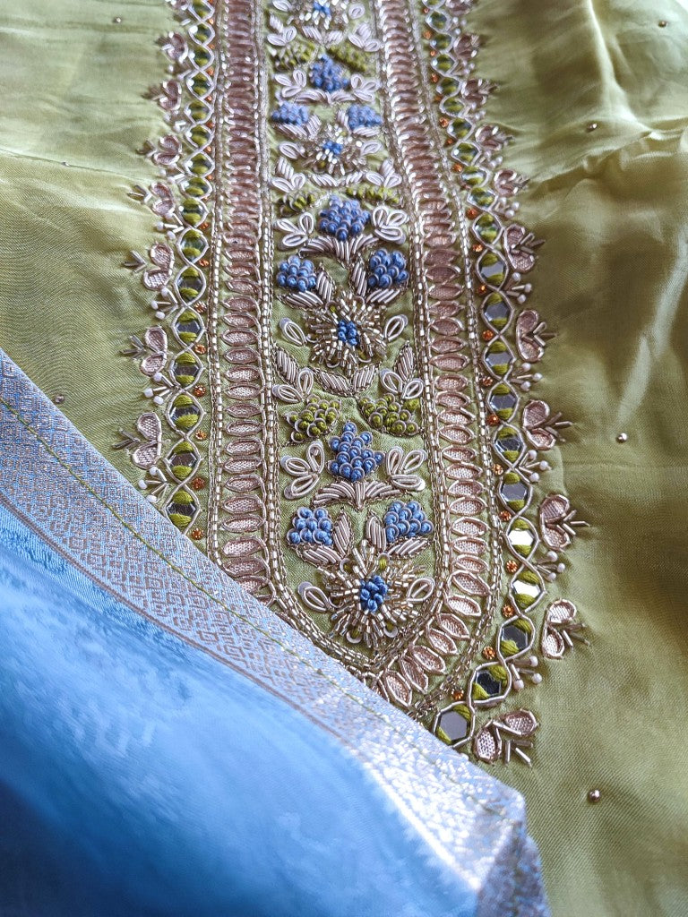 Stylish Pastel Green Georgette Unstitched Suit with Handwork | Shop Now