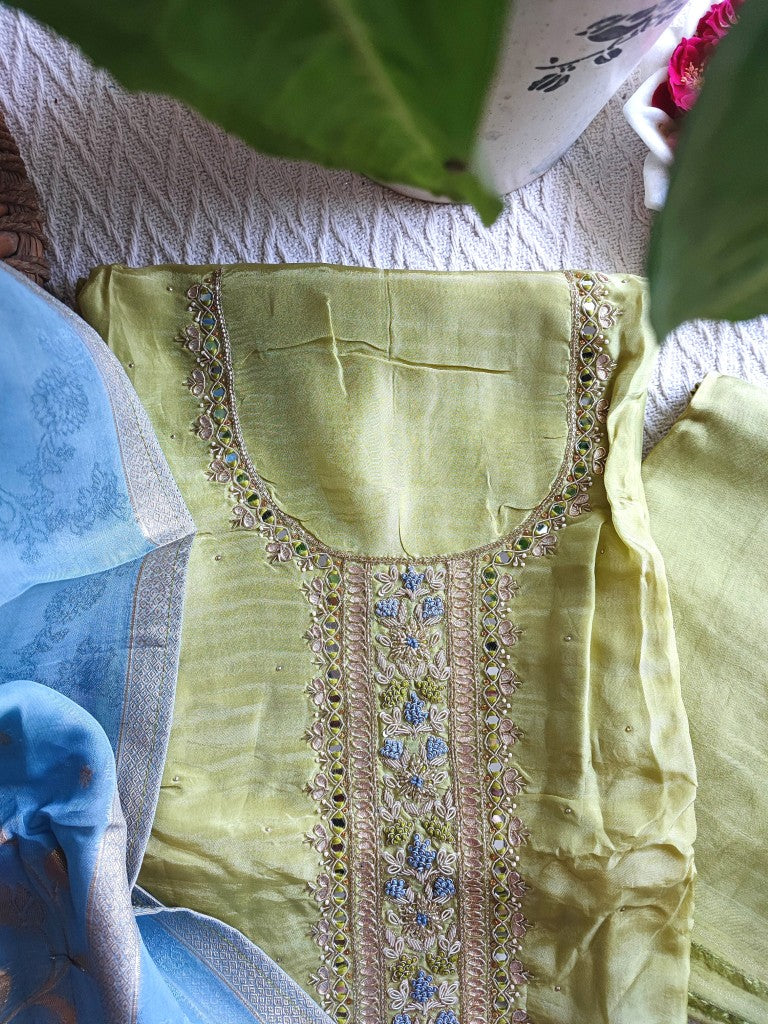Stylish Pastel Green Georgette Unstitched Suit with Handwork | Shop Now