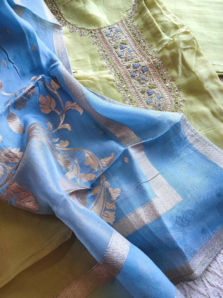 Stylish Pastel Green Georgette Unstitched Suit with Handwork | Shop Now