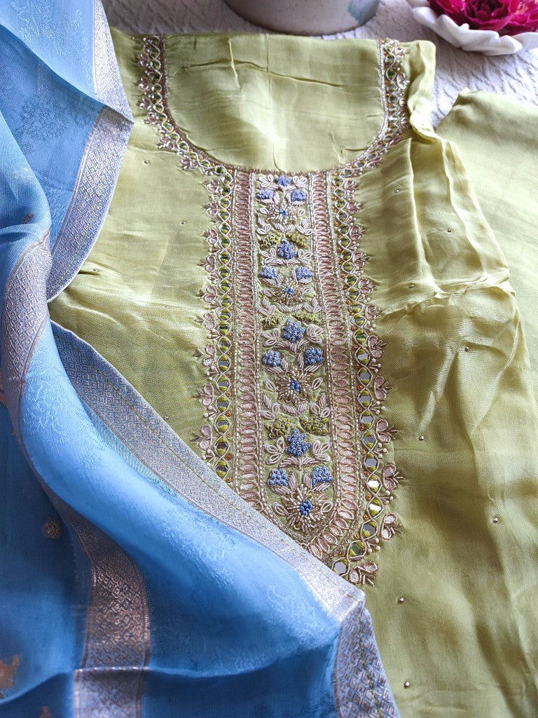 Stylish Pastel Green Georgette Unstitched Suit with Handwork | Shop Now