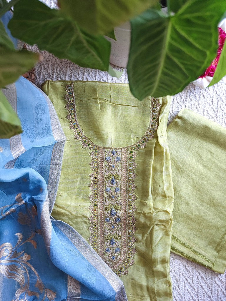Stylish Pastel Green Georgette Unstitched Suit with Handwork | Shop Now