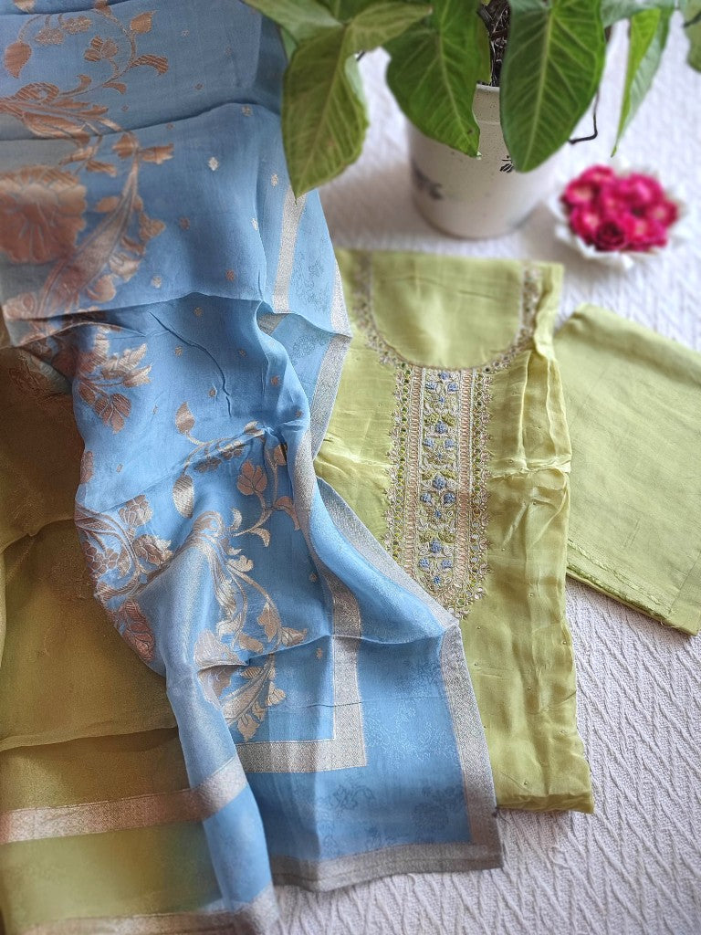 Stylish Pastel Green Georgette Unstitched Suit with Handwork | Shop Now